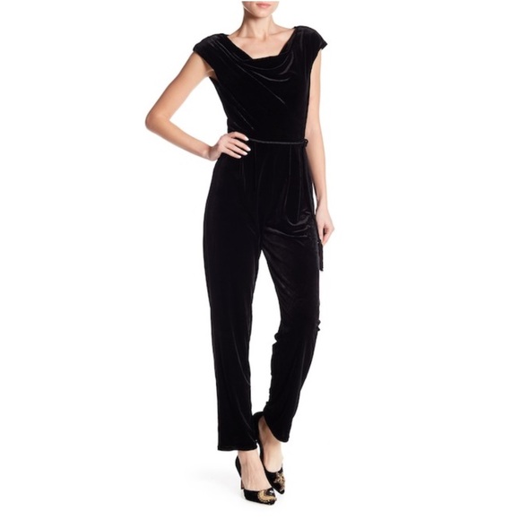 Eliza J Pants - Eliza J. Black Tassel Belt Velvet Jumpsuit